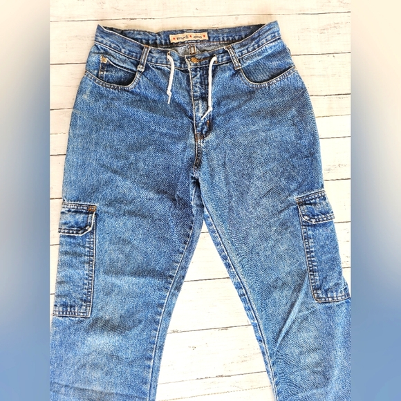 Vintage Y2k Zana Di Blue Denim Cargo Pocket Jeans Flare Distressed w/ Tie String - Picture 3 of 13
